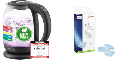 Emerio WK-119255 TESTSIEGER Haus & Garten Test 02/2019, Glas Wasserkocher & JURA original - Entkalkungstabletten für 3 Entkalkungsvorgänge - TÜV-zertifizierte Hygiene - 3er-Pack - 61848