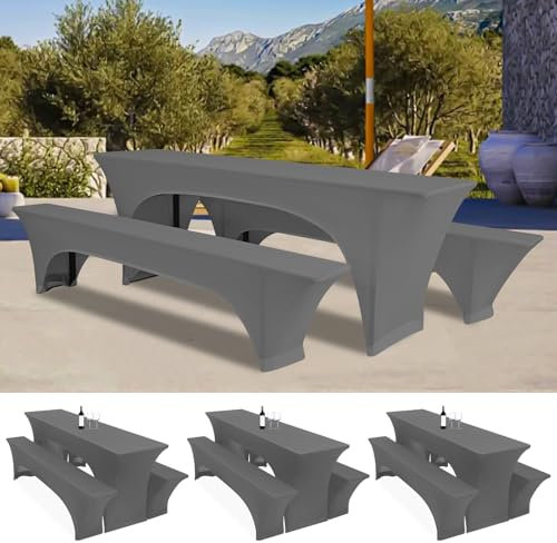 Drei 3er-Set Biertischhussen 220 x 50 x 70 cm, hussen bierzeltgarnitur, dunkelgrau, Stretch-Bezüge für Biertisch-und Bankgarnituren, Bierbankhussen, Spandex-Bierzeltgarnitur für Bankett