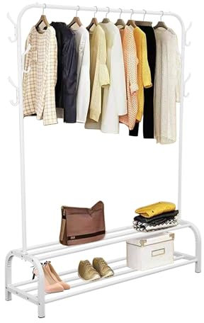 Shoze Kleiderständer Freistehender Kleiderbügel Trockengestell Metall Bekleidungsschiene Schlafzimmer Kleiderstange mit unterem (Kleiderstangen mit zwei Ablagefächern, Weiß)
