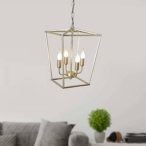 Luzarana Cage 4 Licht-Kronleuchter, Deckenleuchte schwarz Laterne Leuchten mit Bauernhaus Metallkäfig verstellbare Höhe rustikale geometrische Hängelampe E14 Basis für Kücheninsel (Goldgelb)