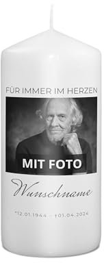 PhotoFancy® - Personalisierte Trauerkerze - Fotokerze mit eigenem Foto/Text bedrucken lassen - Kerze mit Foto-Design: Für immer im Herzen - 15 cm Höhe