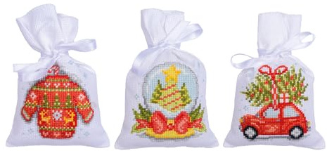 Vervaco Kräutertütchen Kreuzstich Stickpackung Typische Weihnachten 3er Set, Zählmuster, 8x12cm