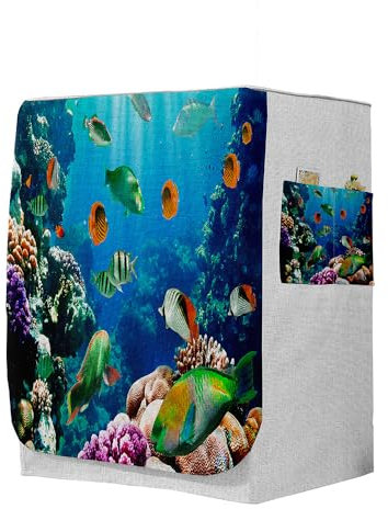 Highdi 3D Funda de Lavadora Cubierta, Secadoras de Carga Frontal Protector Exterior Cubierta a Prueba de Polvo (Capacidad L 10,5~12 kg,Peces de Aguas Profundas 5)