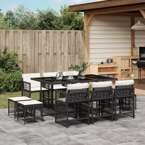 Keyroto Rattan Sitzgruppe für 10 Personen, Gartenmöbel Polyrattan, Gartentisch mit 10 Stühlen & Kissen, Gartengarnitur Sitzgarnitur, Essgruppe Outdoor Terrasse Schwarz Type-10