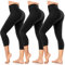 FuelMeFoot Damen 3/4 Leggings Capri 3er Pack High Waist Schwarz Leggins Sommer Blickdicht Yogahose für Sport Gym Lauf. B1-Schwarz/Schwarz/Schwarz XXL/3XL