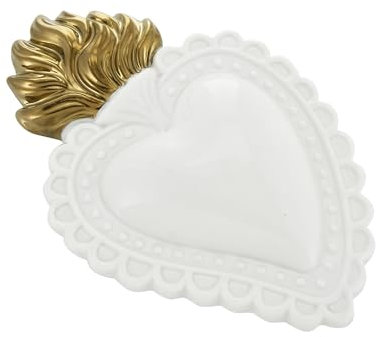 Baroni Home Cuore Sacro Ex-Voto in Ceramica Dipinta a Mano con Fiammella, Arte Sacra Tradizionale, Decorazione da Parete per la Casa, Bianco, 16x11 cm