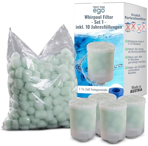 EGO3 Hot Tub Filter Set 1 1/2 inch fine thread + 10-year supply – replaces cartridge filters & spa filter cartridges – 300g filter balls – filter made in EU (4 containers + 300g filter balls)