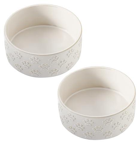 UBEE Ceramic Dog Bowl Set of 2, 5.1 inch Dog Dish Dog Food Bowl with Dog Paw Pattern, Pet Food Water Dish Feeding for Small Dogs and Large Cat, White