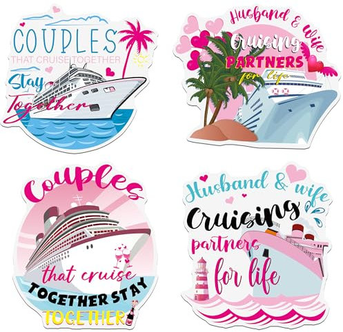 Fridge Magnets Cruise Cabin Door Decorations, 4 Pcs Husband and Wife Couple Cruise Door Magnets, Anniversary Magnetic Stickers Decor, Large Cruise Palm Tree Print Magnetic Door Signs