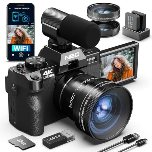 NBD Fotocamera Digitale 4K 48MP per Vlogging, Video 4K/60fps, Schermo Orientabile 3 180°, WiFi – Leggera 299g con Lente Grandangolo/Macro + Microfono (SD 32GB + 2 Batterie)