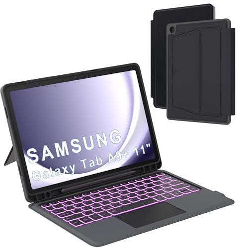 Funda para teclado Samsung Galaxy Tab A9+ Plus 11 pulgadas: Teclado magnético desmontable retroiluminado 7 colores para Galaxy Tab A9 Plus 2023 - Teclado francés Azerty con soporte para lápiz