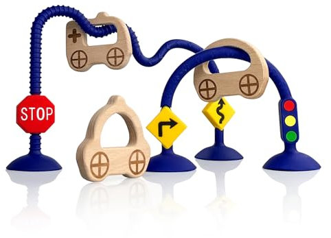 zeeloopbee Baby Teething Toy, High Chair Suction Toys with Wooden Ring for Infant Toddlers 0-6 Months, Textured Silicone Teether Sensory Teething Toys for Baby Gifts 6-12+ Months, Dark Blue