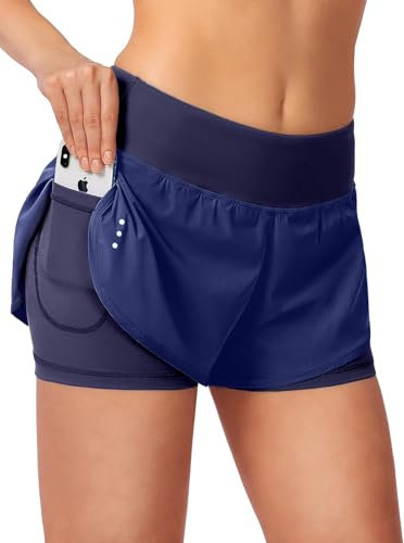 Blooshow Sport Shorts Damen Sommer Sporthose Damen Kurz Hose 2 in 1 Laufshorts Schnelltrocknend Running Gym Training Fitness Yoga Jogging Shorts mit Taschen (Navy, M)