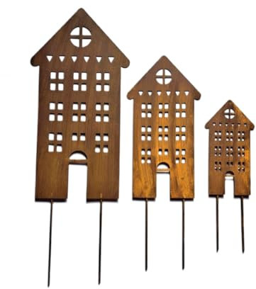 Kapaga - Set - Rostige Gartenstecker Häuser aus Metall - Vintage Garten-Deko - Wetterfeste Dekoration für den Außenbereich - Edelrost Metall-Häuser für Beete und Rasen