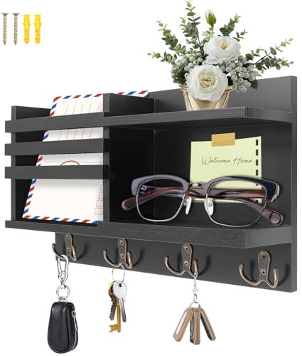 YedZen Key Holder for Wall, Wall Mounted Key Hangers with 4 Double Hooks, Black Key Hook Wall Mounted Wooden Mail Rack Organizer with Shelf for Wall Decorative, Entryway, Mudroom, Hallway, Office