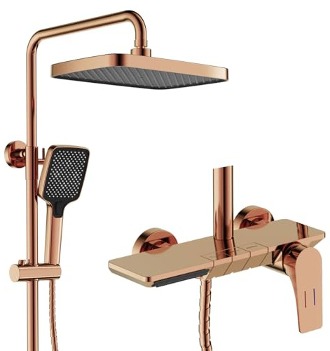 HKTHE Duschsystem, HSS0501 Modern Klaviertasten Duschset, 30x20cm Duschkopf, Regendusche mit Armatur, Handbrause 3 Modes, Badewannenarmatur, Speichertisch, 59A Kupfer, Höhenverstellbar