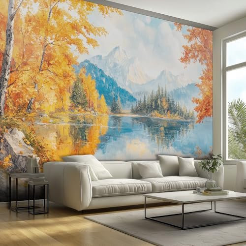 Fototapete Vlies Tapete Berge Birke See Natur Landschaft Fototapeten Vliestapete Tapeten Moderne Wandtapete, Wohnzimmer, Flur, TV Hintergrund Wandtapete Poster Bilder Wand Deko, 400 x 280cm (B×H)