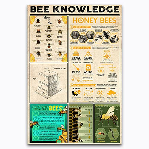 KWQDOZF Bee Knowledge Metal Signs Retro Nostalgic Art Print Poster Tin Sign Cafe Bar Wall Decor Patio Garage Art Plaque 8x12 pollici