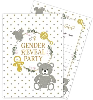 Limonia 25 Einladungskarten zur Gender Reveal Party – Stilvolle Einladungen für die Babyparty: Boy oder Girl? Perfekt für die Baby-Überraschungsparty - Gold, Silber, süßer Bär, Punkte, Blätterkranz