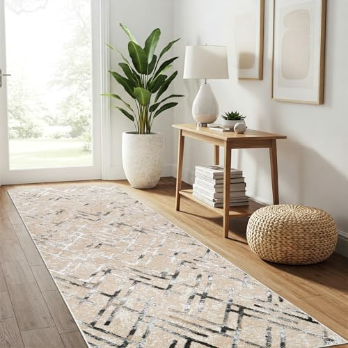 TAPISO Crystal Teppichläufer Kurzflor Glänzend Beige Grau Creme Weiß Geometrisch Streifen Dreiecke 3D Effekt Abstraktes Muster Wohnzimmer Schlafzimmer Modern Design ÖKO-TEX 120 x 300 cm