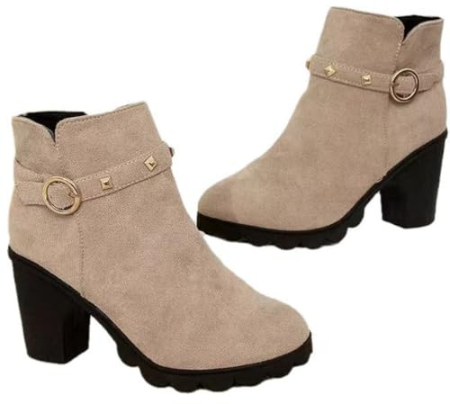WEHAM Damen Kunstwildleder Stiefeletten Runde Zehe Chunky Niedriger Absatz Reißverschluss Knöchel Stiefel mit Schnalle,Braun,35
