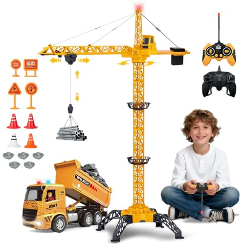 HILKKET Grue à Tour Télécommandée 138 cm, 2,4 GHz RC Grue à Tour Enfant, Gru Crane De Chantier, 680 Degrés de Rotation Gru de Chantier Enfant avec Camion à Benne basculante RC pour Les Garçon
