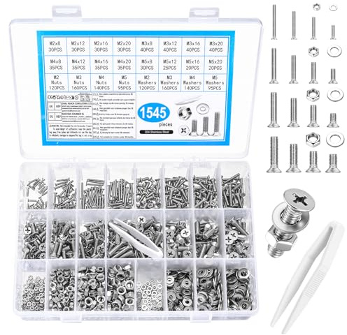 1545 Pz Set di Vis M2 M3 M4 M5, Viti Bulloni e Dadi Set, Viti a Testa Svasata e Dadi e Rondelle Kit, Viti a Testa Piatta a Croce con Dadi, Bulloni a Testa Svasata a Croce in Acciaio Inox