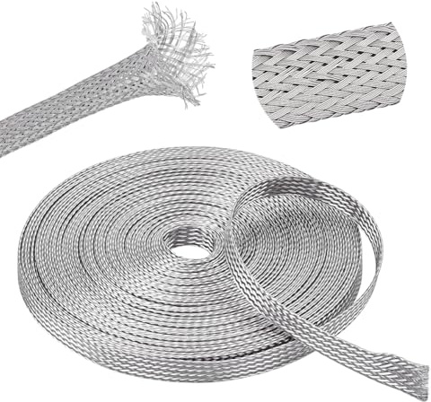 NBEADS 10m/32.8ft Stainless Steel Braided Sleeving Braid, 7-8mm Wide Cord Protector Wire Shielding Cable Sleeve Ground Strap Flexible Expandable Scalable Network Ribbon for Cable Protection