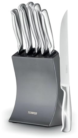 Tower Core 5 Piece Knife Set with Weighted Steel Block, High Grade Polished Stainless Steel, Fine Edge Precision Blades, Ergonomic Handles, Titanium, T81537TNM