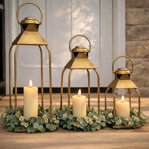 Faroles decorativos de metal para interiores y exteriores, portavelas para porche, patio, chimenea, suelo, boda, Navidad, otoño, vacaciones, centro de mesa de granja (oro antiguo, juego de 3 unidades