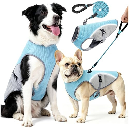 Lvkakmox Kühlweste Hund mit 2 m Leine, Hunde Kühlweste für Kleine und Große Hunde, Reflektierende und Atmungsaktive Kühljacke für Sommer, Outdoor und Training