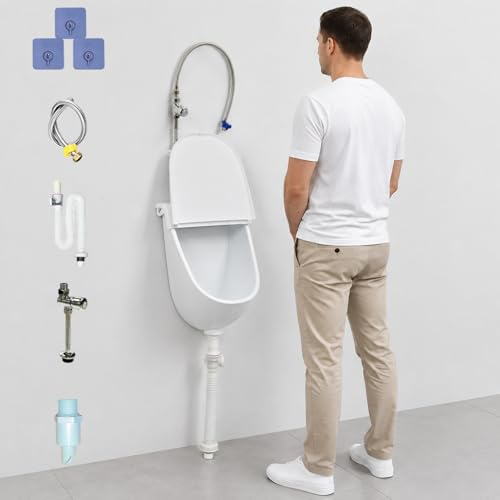 NUACOS Urinal mit Deckel Komplett Set,Wandmontiertes Wasserloses Pissoir für Männer,Tragbare Spritzschutz Toilette mit Abflussrohr,Einlassrohr & Flush -Ventil für Wohnheim Camping Garage,Weiß