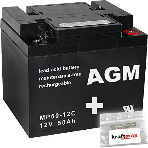 kraftmax 8X AGM 12V / 50Ah Blei-Akku - MP50-12C [ M6 - Innengewinde ] Zyklenfest inkl. 2X Original Anschluß-Adapter