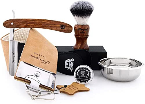 Kit de rasage vintage de 6 pièces pour hommes Blaireau à poiles synthétiques, rasoir coupe-gorge, cuir à double XXL véritable, pâte à, bol en acier inoxydable Le kit de rasage parfait