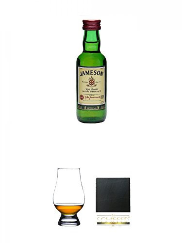 Jameson Irish Whiskey 5 cl + The Glencairn Glass Whisky Glas Stölzle 1 Stück + Schiefer Glasuntersetzer eckig ca. 9,5 cm Durchmesser