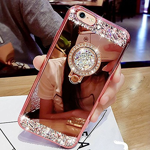 HMTECH iPhone X XS Case Glitter Bling Crystal Diamonds Mirror Makeup Soft TPU Bumper Cover with Ring Stand Holder for iPhone X/XS 5.8 Inch,Rose Gold Mirror TPU with Diamond Ring Holder