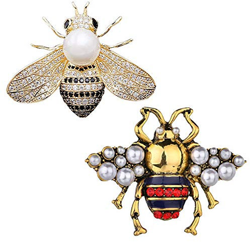 CAREOR Strass Perle Biene Brosche Pins Honig Biene Anhänger Brosche Mode Kristall Insekten Pins Golden oder Silber für Frauen, 2 Stück
