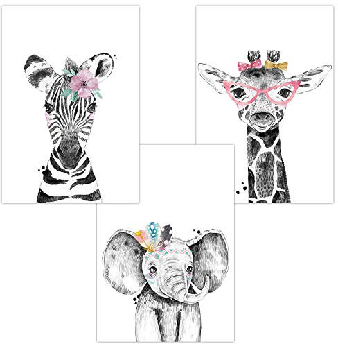 Olgs Wandbilder 3er Set für Babyzimmer Deko Poster | Dekoration Kinderzimmer | Kunstdruck DIN A4 für Safari Tiere für Mädchen (Zebra Elefant Giraffe Brille)