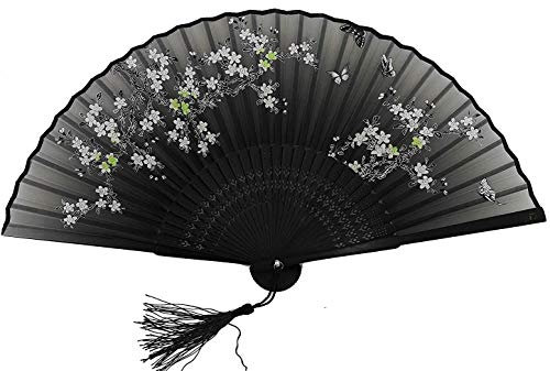 Libetui Handfächer Vintage Japan Stil Fächer Sakura aus Bambus und Stoff Dekofächer Kostüm Theater Sommer Hochzeit Geschenkbox Fächer Schwarz