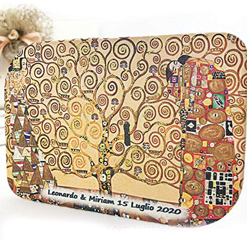 Quadro con L'albero della vita di Klimt su tela in pelle, personalizzabile acquistando minimo 10 pezzi, bomboniere nozze, con scatola regalo inclusa (24 x 18 cm-con confezione arancione)