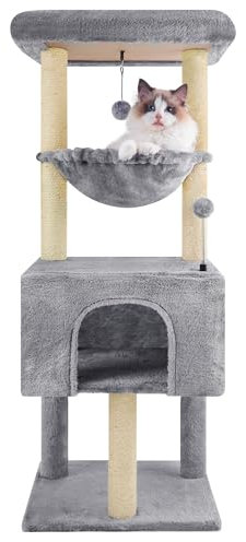 ROYPET 110cm Cat Tree Tower with Sisal Scratching Posts for Indoor Cats,Cat Tower with Hammock and Hanging Ball Toy,Pet Furniture Activity Centre with Condo,Play Towers&Trees,Small Space,Grey