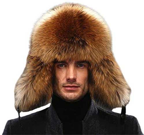 KAISHIN Hiver Hommes Pleine Peau Fourrure de Renard Chapeaux en Cuir de Mouton véritable Fourrure de Raton Laveur chapkas