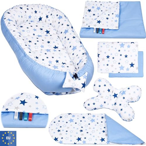 PaLulli 3-TLG Baby Ausstattung-Set Kuschelnest Babynest 95x55cm Baby-Matratze Kuscheldecke Babybett 100% Baumwolle Hypoallergisch Für 0-8 Monate