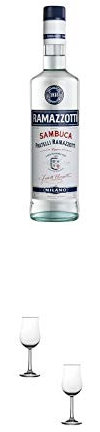 Ramazzotti SAMBUCA Anislikör Italien 0,7 Liter + Nosing Gläser Kelchglas Bugatti mit Eichstrich 2cl und 4cl - 2 Stück