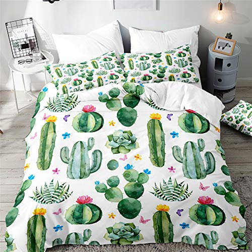 Morbuy Bettbezug Bettwäsche Set - Kaktus Blume Drucken Erwachsene Kinder Bettwäsche-Set, Mikrofaser Weiche Bettbezug mit Reißverschluss und Kissenbezüge (135x200cm,Sukkulenten)