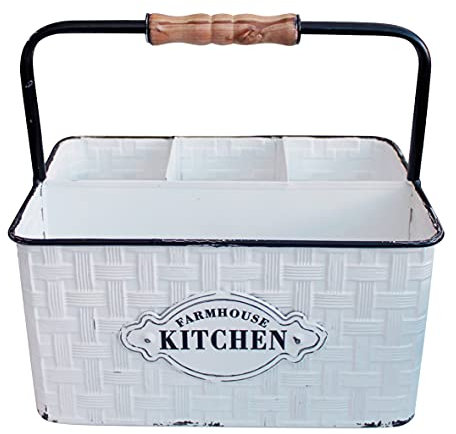 CVHOMEDECO. Rustikaler Besteck-Organizer aus Metall im Used-Look, Besteckhalter, Tisch-Organizer, Emaille-Finish mit Holzgriff und 4 Fächern, weiß