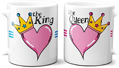 Regalo di coppia Tazze King e Queen per san valentino per lui lei, Tazze con Cuori e Cuoricini, Tazze idee regalo sanvalentino, anniversario, tazze colazione