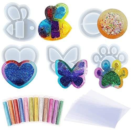Yayatty Gießform Resin Mold, 5 Stück Shaker Silikonform DIY Treibsand Gießformen Schmuck mit PVC Blätter und Pailletten für Die Schmuckherstellung, Heimtextilien