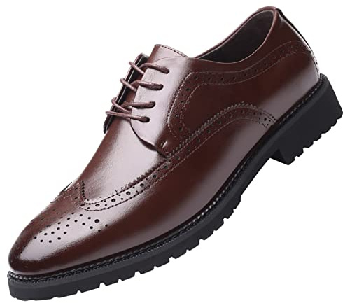 ANUFER Hombres Punta Puntiaguda Inteligente Térmico Forro de Felpa Zapatos Vestir de Invierno con Cordones Brogue Marrón SN07990 EU41