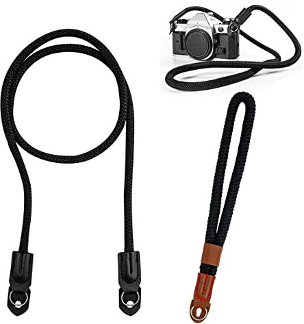 Jinsion Sangles et Dragonne pour Appareil Photo, 100 CM et 27 CM Noir Sangle Appareil Photo Dragonne Lanière de Caméra Fabriqué en Corde de Nylon, Bandoulièreet Dragonne Caméra pour Nikon Sony Canon